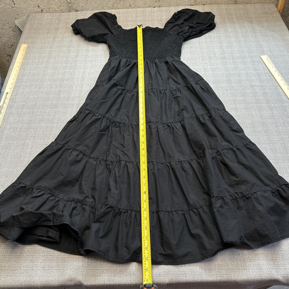 Cottagecore Black Puff Sleeve Midi Dress Medium Smocked Bodice Tiered Romantic - Picture 7 of 9